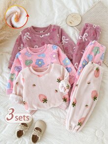 SHEIN Vintaside Kids 幼童女童衛衣＋長褲套裝 粉色玫瑰蝴蝶結愛心草莓印花 長袖 生日家庭套裝 派對 秋季 毛絨絨毛 紫灰色 - 彩色 - 查看 1