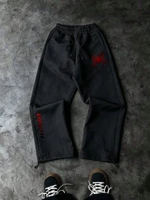 Gym Rark Men's Casual Drawstring Waist Spider Print Sports Long Pants - Black - View 1