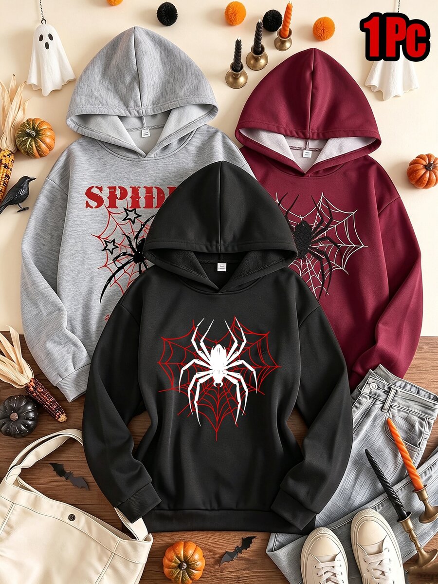 1 Random Piece Teen Girls Spider Web Print Pullover Sweatshirt, Y2K Gothic Pattern Drop Shoulder Loose Fit Sweatshirt, Halloween Party & Casual Wear - Multicolor - View 1