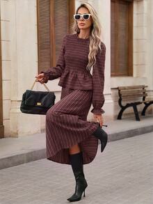 Brillora Brown Striped Top And Skirt 2 Pieces Set - Burgundy - View 6