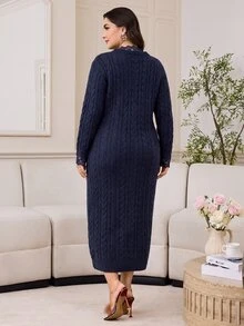 Veilorie Plus Size Women Casual V-Neck Long Sleeve Lace Patchwork Knit Dress - Navy Blue - View 3