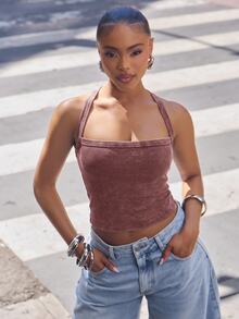 Denimoi Square Neck Cross Back Rib Knit Tank Top Fashionable Everyday Wear Basic Tank Top - Burgundy - View 6