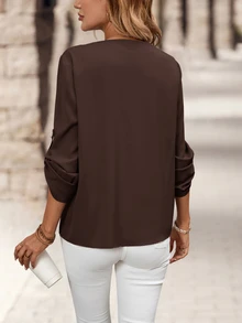 Medorina Women's Solid Color Casual Versatile Daily Wear Shirt - Brown - View 2