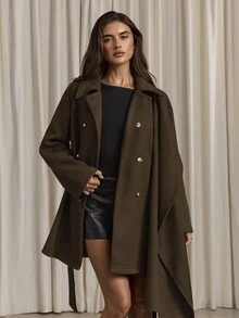 Aloruh Women's Elegant Business Commute Coffee Wool Cape Coat, Scarf Collar Long Sleeve Jacket, Brown Solid Color - Coffee Brown - View 7