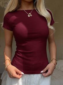 CovetEZ 休閒極簡性感露肩 95% 酒紅色純棉短袖 T-shirt，適合春夏秋季，春夏穿搭 - 酒紅色 - 查看 7