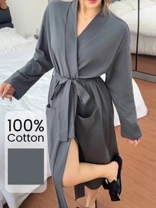 Napfluff روب طويل نسائي كاجوال من القطن 100% ناعم على البشرة للمنزل والصباح - رمادي - مشاهدة 1