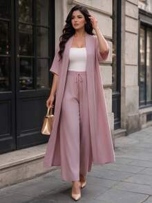 Auveirra Plus Size Women Solid Color Open Front Long Robe And Pants Casual Daily 2 Pieces Set - Pink - View 1