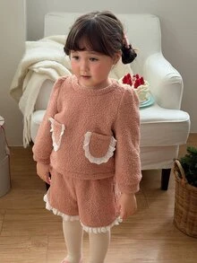 DAZY Infant (Girl) Round Neck Long Sleeve Fleece Jacket Set - Baby Pink - View 4