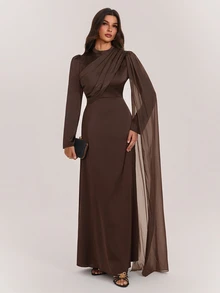 SHEIN Tall Elegant Long Brown Dress With Flowing Ribbons For Tall Muslim Women – Perfect For Parties. - Coffee Brown - View 1
