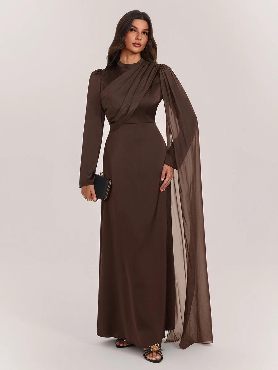 SHEIN Tall Elegant Long Brown Dress With Flowing Ribbons For Tall Muslim Women – Perfect For Parties. - Coffee Brown - View 1