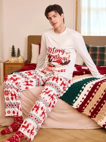 CoupledUp Men's Christmas Reindeer Print Long Sleeve Casual Loungewear Set - Multicolor - View 6