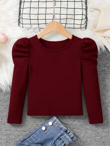 Emery Rose Kids Emery Rose Kids 兒童青少年女孩純色圓領泡泡長袖休閒T恤 - 紅色 - 查看 6