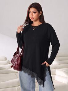 Solflare Plus Size Women Solid Color Round Neck Asymmetrical Hem Contrast Lace Casual Loose Long Sleeve T-Shirt - Black - View 3