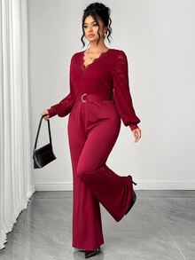 Elenzga Plus Size French Style V-Neck Lace Patchwork Hollow Lantern Sleeve Waist Belt Wide Leg Jumpsuit - Burgundy - View 1