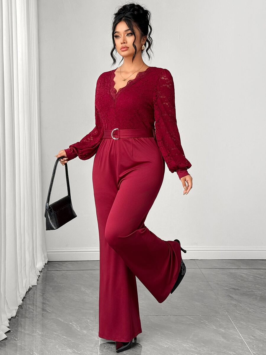 Elenzga Plus Size French Style V-Neck Lace Patchwork Hollow Lantern Sleeve Waist Belt Wide Leg Jumpsuit - Burgundy - View 1