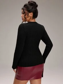 SHEIN BASICS Plus Size Solid Color Ribbed Knit Long Sleeve Crew Neck Sweater - Black - View 5
