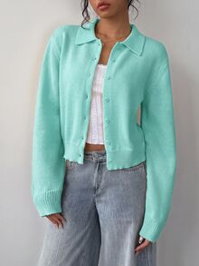 SHEIN BASICS 休閒素色長袖寬鬆短版女款開襟針織衫 秋季外套 返校季 校外穿搭 淡黃色 教師 辦公室 日常 - 薄荷綠 - 查看 6