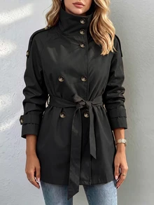 SHEIN Classic Women's Short Windbreaker, Perfect For Office Wear In Autumn And Winter Or As An Outer Layer - Black - View 4