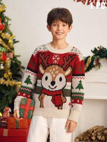 SHEIN 兒童青少年男孩休閒學院風圓領長袖紅色聖誕毛衣，適合通勤、上學、日常休閒、外出、運動，秋冬季節，聖誕節，親子穿搭 - 紅色 - 查看 6