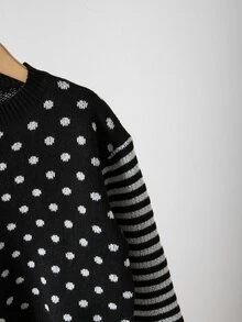 SHEIN Tween女孩 2件式針織套裝 波點拼接條紋長袖套頭毛衣 + 寬腿長褲套裝，時尚對比色設計 寬鬆版型兒童針織套裝 - 黑色 - 查看 4