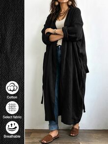 Linhara CURVE Jaket Linen Panjang Kasual Wanita, Pakaian Luar Kasual untuk Jalan-jalan dan Berpergian - Hitam - View 4