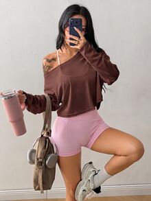 Coolane Women's Solid Color Asymmetrical Shoulder Casual Daily Long Sleeve T-Shirt - Brown - View 4