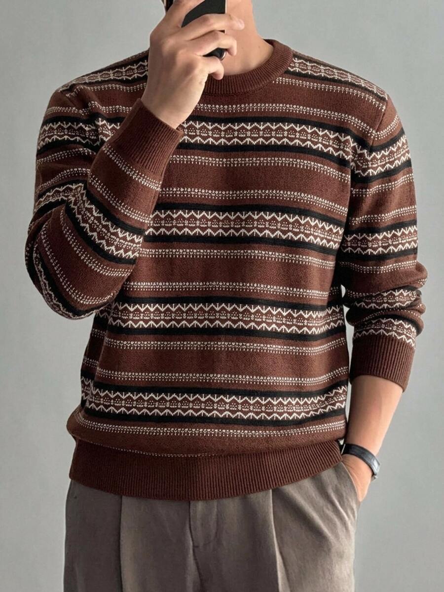 DAZY Autumn/Winter Brown Base Geometric Retro Pattern Jacquard Men's Crew Neck Sweater - Multicolor - View 1