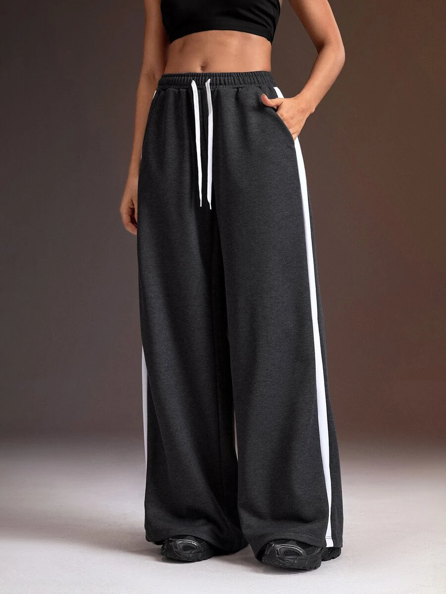 Powerista Women's Drawstring Elastic Waist Double Pocket Side Contrast Stripe Casual Loose Sports Pants - Dark Grey - View 1