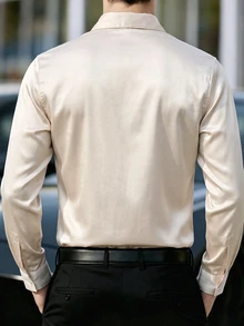 Manfinity Bizformal 1件男士襯衫，直條紋面料，通勤百搭，時尚舒適，男友禮物，丈夫禮物，週年紀念禮物 - 杏色 - 查看 2