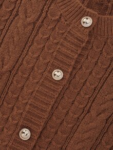 INAWLY Caramel Cable Knit Cardigan, Round Neck Pearl Button Short Vintage Soft Style Plus Size Women's Sweater - Brown - View 6