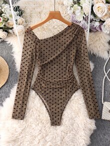 GlowEve CURVE Women's Plus Size Fashion Leopard Print Mesh Cold Shoulder Long Sleeve Bodysuit - Brown - View 1