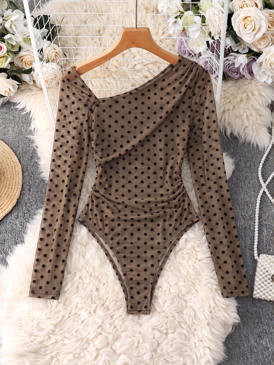 GlowEve CURVE Women's Plus Size Fashion Leopard Print Mesh Cold Shoulder Long Sleeve Bodysuit - Brown - View 1