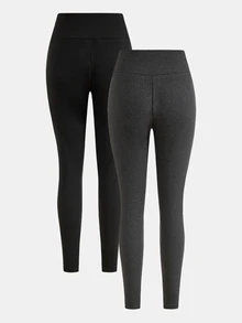 SHEIN 青少年女孩黑色灰色抓絨內裡保暖高腰彈性緊身褲2件組，秋季穿搭，緊身褲，冬季，舒適，基礎款，保暖，舒適 - 彩色 - 查看 2