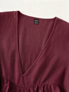 LUMIGAL Vintage Casual Relaxed Brown Multi-Layer Ruffle Hem Patchwork V-Neck Loose Long Sleeve Shirt - Burgundy - View 4