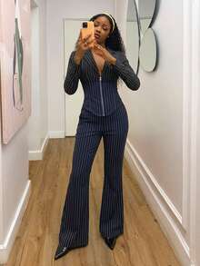 StreetHx Women's Striped Zip-Up Long Sleeve Top And Pants Casual Suit Set - Dark Grey - View 4