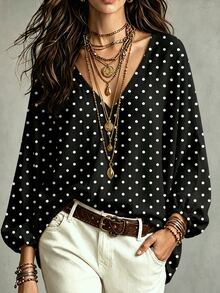 SHEIN Women's Autumn/Winter New Hot-Selling Polka Dot Print Pattern Casual Versatile C-Neck Blouse - Multicolor - View 1