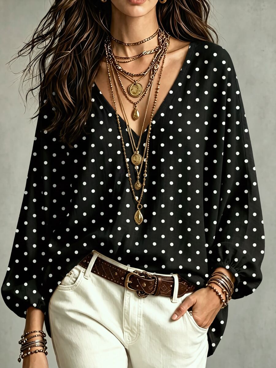 SHEIN Women's Autumn/Winter New Hot-Selling Polka Dot Print Pattern Casual Versatile C-Neck Blouse - Multicolor - View 1