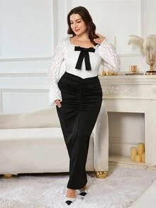 Modelyn Elegant Lady Style White Lace Patchwork Black Knit Sophisticated Elegant Fashion Slim Fit Flattering Versatile High-End Luxury Plus Size Dress - Black and White - View 3