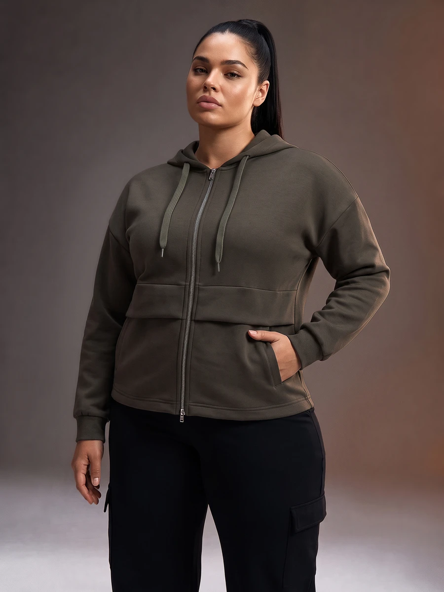 Powerista Women's Plus Size Deep Army Green Loose Drawstring Sports Alternative Baggy Jacket Fall Workout Active Pickleball - Army Green - View 1