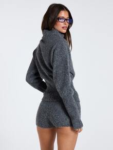 MUSERA Grey Knitted High Neck Zip Up Cardigan Jacket Fall Winter Women Outfit Casual - Dark Grey - View 2
