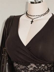SHEIN ICON 女款蕾絲拼接V領修身百搭T恤 - 棕色 - 查看 10
