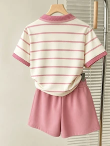 Resyla 粉色與白色條紋 Polo 領 V 領短袖上衣 + 高腰抽繩休閒短褲 2 件套 - 彩色 - 查看 2