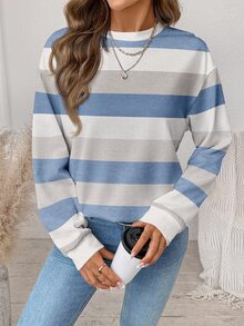 SHEIN LUNE 女款極簡條紋拼接配色長袖運動衫 - 白色 - 查看 6