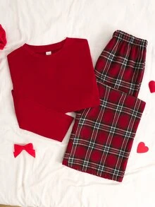 SHEIN 親子情侶/兄弟姊妹套裝 青少年女孩休閒簡約格紋修身圓領短袖長褲居家服 適合秋冬聖誕節聖誕派對 - 紅色 - 查看 7