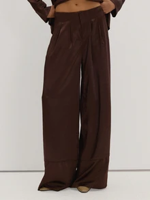 MUSEYN Brown Satin Pleated Wide Leg Piping Detail Trousers Classy Date Night Chic Evening Fall - Brown - View 2