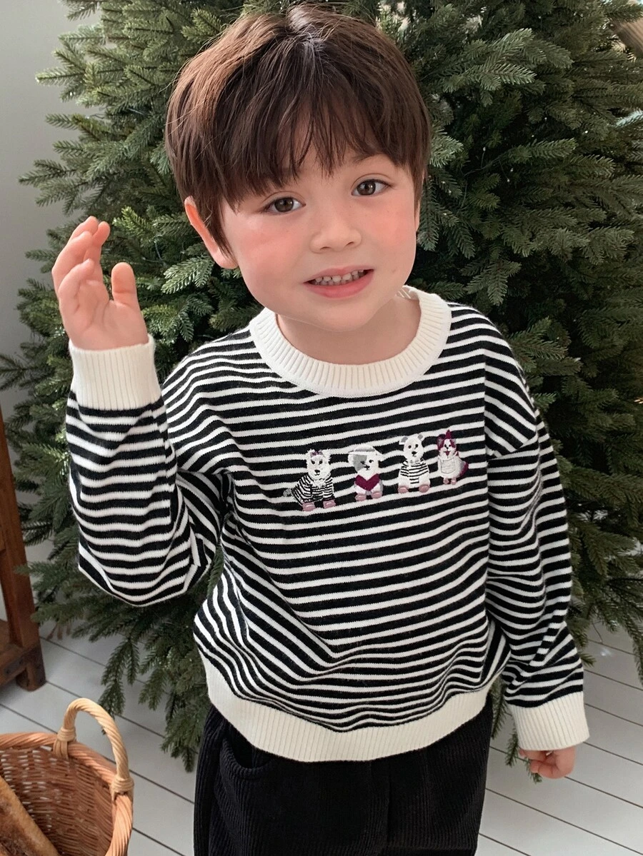DAZY Infant (Boy) Round Neck Striped Korean Style Long Sleeve Sweater - Black and White - View 1
