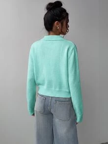 SHEIN BASICS 休閒素色長袖寬鬆短版女款開襟針織衫 秋季外套 返校季 校外穿搭 淡黃色 教師 辦公室 日常 - 薄荷綠 - 查看 9