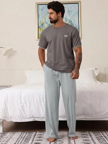 DAZY Summer Solid Color Patchwork T-Shirt & Men's Loungewear Set - Grey - View 6
