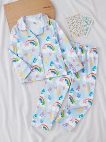 SHEIN X Care Bears GraphicGems 秋冬女童幼兒聯名印花可愛卡通彩虹愛心熊圖案藍色柔軟舒適翻領長袖褲子2件套居家服 - 藍色 - 查看 1