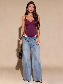 SHEIN BAE 女款春夏黑色蕾絲拼接V領細肩帶連身內衣 - 中紫紅色 - 查看 6